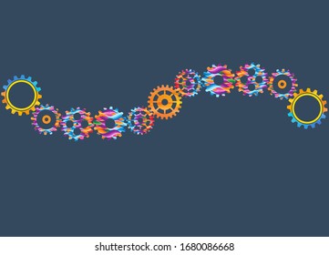 Abstract techno gear background with geometric colorful gear wheels. Space for gear text. Vector gears modern mechanism industrial concept. Technology gears background. Gears Vector illustration 