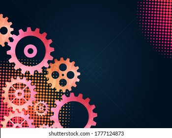 Abstract techno gear background with geometric colorful gear wheels. Space for gear text. Vector gears modern mechanism industrial concept. Technology gears background. Gears Vector illustration 
