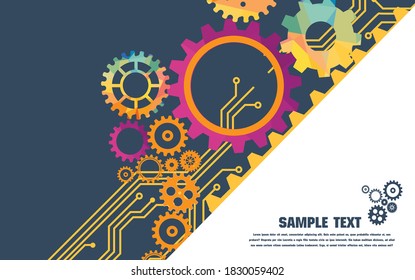 Abstract techno gear background with geometric colorful gear wheels. Space for gear text. Vector gears modern mechanism industrial concept. Technology gears background. Gears Vector illustration 