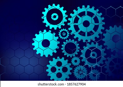 Abstract techno gear background with geometric colorful gear wheels. Space for gear text. Vector gears modern mechanism industrial concept. Technology gears background. Gears Vector illustration 