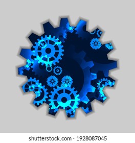 Abstract techno gear background with geometric colorful gear wheels. Space for gear text. Vector gears modern mechanism industrial concept. Technology gears background. Gears Vector illustration 