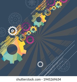 Abstract techno gear background with geometric colorful gear wheels. Space for gear text. Vector gears modern mechanism industrial concept. Technology gears background. Gears Vector illustration 