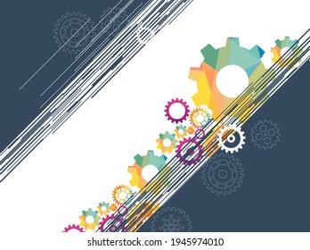 Abstract techno gear background with geometric colorful gear wheels. Space for gear text. Vector gears modern mechanism industrial concept. Technology gears background. Gears Vector illustration 