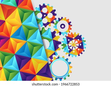 Abstract techno gear background with geometric colorful gear wheels. Space for gear text. Vector gears modern mechanism industrial concept. Technology gears background. Gears Vector illustration 