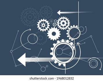 Abstract techno gear background with geometric colorful gear wheels. Space for gear text. Vector gears modern mechanism industrial concept. Technology gears background. Gears Vector illustration 