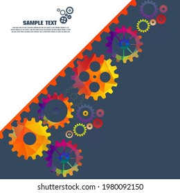 Abstract techno gear background with geometric colorful gear wheels. Space for gear text. Vector gears modern mechanism industrial concept. Technology gears background. Gears Vector illustration 