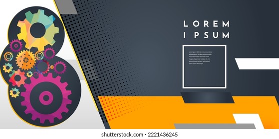 Abstract techno gear background with geometric colorful gear wheels. Space for gear text. Vector gears modern mechanism industrial concept. Technology gears background. Gears Vector illustration 