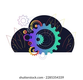 Abstract techno gear background with geometric colorful gear wheels. Space for gear text. Vector gears modern mechanism industrial concept. Technology gears background. Gears Vector illustration 