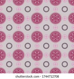 Abstract techno geometrical ditsy seamless pattern with gear wheels texture with cartoon icon silhouette style elements.Pink grey colors on beige background for surface design wrapping textile cover