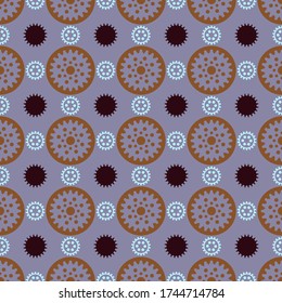 Abstract techno geometrical ditsy seamless pattern with gear wheels texture icon silhouette style elements.Black teal burnt sienna colors on purple background for surface design wrapping textile cover