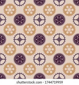 Resumen de tintes geométricos sin soldadura con ruedas de engranajes textura icono silueta estilo elementos.Colores beige marrón sobre fondo pálido para el diseño de superficie envoltura cubierta textil


