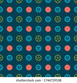 Resumen tecno ditsia geométrica sin soldadura patrón con ruedas de engranajes textura icono silueta estilo elementos.Pistachios tealcorales sobre fondo oscuro para envoltura de diseño de superficie cubierta textil