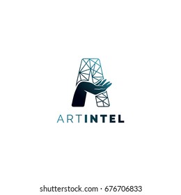 Abstract techno logo with hand in A letter. Futuristic symbol