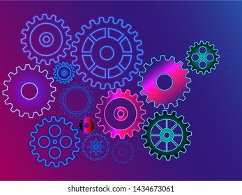 Abstract techno neon gear background with geometric colorful gear wheels. Space for gear text. Vector gears modern mechanism industrial concept. Technology gears background. gears Vector illustration 