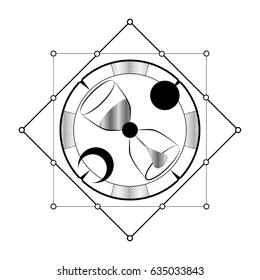 Abstract techno pattern with sand glass and geometric elements on white background. Modern tattoo symbol.