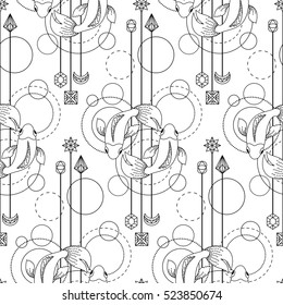 Abstract techno seamless pattern with fishes and geometric elements on white background. Modern textile print. Coloring page.