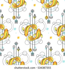 Abstract techno seamless pattern with fishes and geometric elements on white background. Modern wallpaper with watercolor effect.