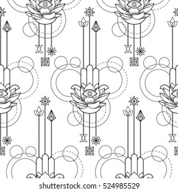 Abstract techno seamless pattern of hand of Fatima, lotus and eye with geometric elements on white background. Coloring page