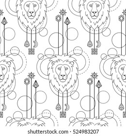 Abstract techno seamless pattern with lion and geometric elements on white background. Tattoo textile print. Coloring page.