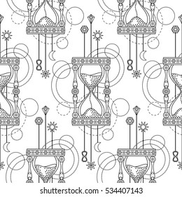 Abstract techno seamless pattern with sandglass and geometric elements on white background. Modern wallpaper. Coloring page.