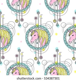 Abstract techno seamless pattern with unicorn and geometric elements on white background. Modern wallpaper with watercolor effect.
