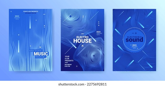 Abstract Techno Sound Flyers. Electronic Party Poster. Dance Music Cover. Vector Edm Background. Techno Sound Flyer Set. Futuristic Festiv Banner. Gradient Distort Lines. 3d Techno Sound Flyer.