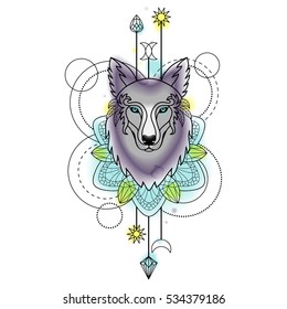 Abstract techno symbol with wolf and geometric elements on white background. Modern tattoo with watercolor effect.