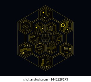 Abstract techno system board electronics logo. Microcircuit. Chip. Black background, yellow elements
