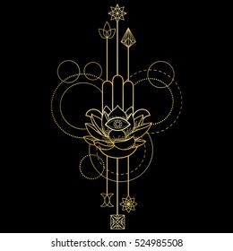Abstract techno tattoo of gold hand of Fatima, lotus and eye with geometric elements on black background. Tattoo symbol. Modern textile print.