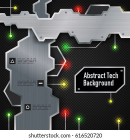 Abstract technologic background with metal plates and colorful electric lights on dark grid vector illustration