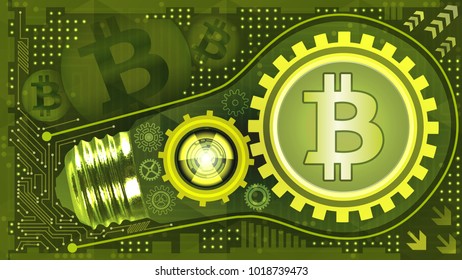 Abstract technological background with bitcoin sign, light bulb, gears and microchip of green shades. Business backdrop