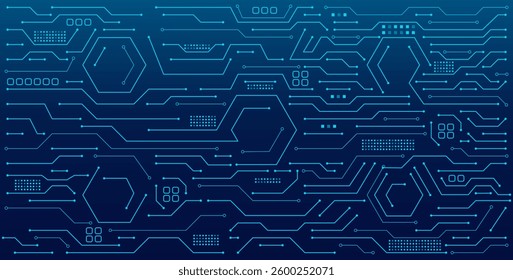 Abstract technological background with circuits. An AI circuit board with electronic elements in electric blue on a tech background. An AI chip or semiconductor connected by lines.