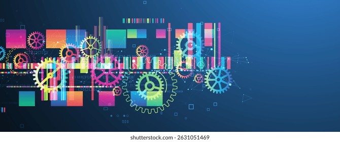 Fundo tecnológico abstrato com engrenagens coloridas e retângulos multicoloridos e efeito plexo. Vetor