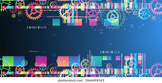 Abstractas fondo tecnológico con engranajes de colores y rectángulos multicolores y efecto plexo. Vector