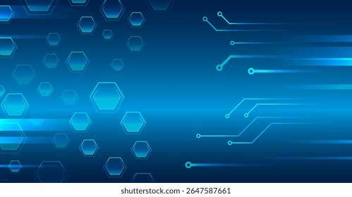 Abstract technological background consisting of hexagons, circuit board and glowing stripes on blue background. Suitable for high-tech presentations and banners. Geometric futuristic concept. 