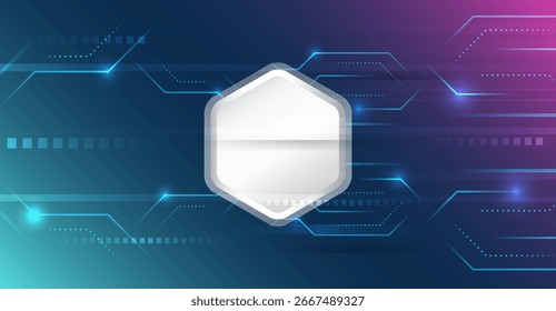 Abstract technological background consisting of hexagons, circuit board and glowing stripes on blue background. Suitable for high-tech presentations and banners. Geometric futuristic concept.