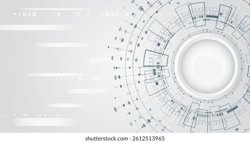Abstract technological background with elements of circle, lines and digital figures. Concept of high technologies, digital systems, innovations and future. Design is made in light gray tones