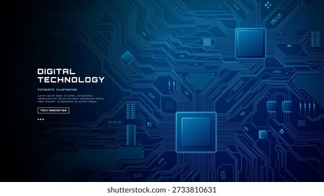 Fondo tecnológico Abstractas con vías de microchip iluminadas, conexiones brillantes y patrones electrónicos futuristas en tonos azules profundos. Fondo de tecnología azul digital.