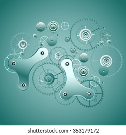 Abstract technological background of gears and mechanisms in blue tones