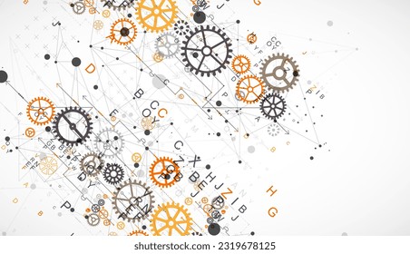 Resumen del fondo tecnológico con letras, ruedas cognitivas y efecto plexus. Vector