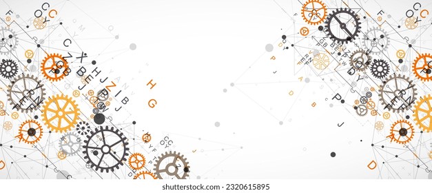 Abstract  technological background  with letters, cogwheels and plexus effect. Vector