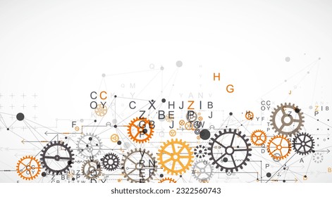 Abstract  technological background  with letters, cogwheels and plexus effect. Vector