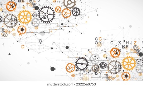 Abstract  technological background  with letters, cogwheels and plexus effect. Vector