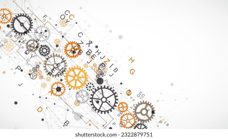 Abstract  technological background  with letters, cogwheels and plexus effect. Vector
