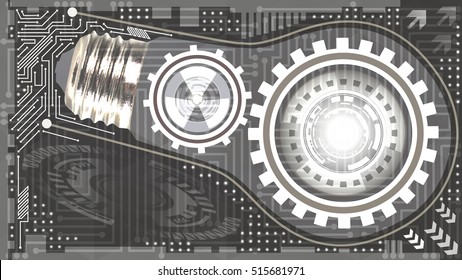 Abstract technological background with light bulb, gears and microchip of grey and white shades. Concept of light bulb with gears inside mechanism. Business background