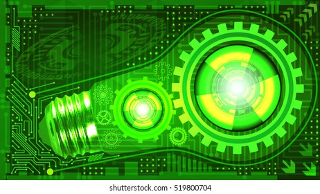 Abstract technological background with light bulb, gears and microchip of green, yellow and white shades. Concept of light bulb with gears inside mechanism. Business background