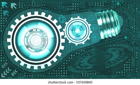 Abstract technological background with light bulb, gears and microchip of teal and white shades. Business backdrop