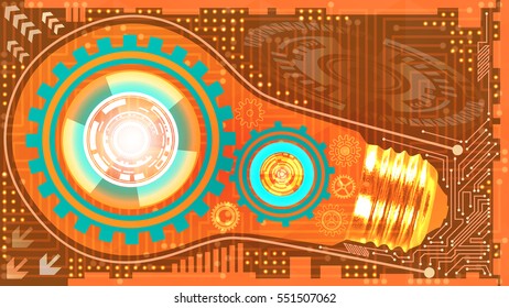 Abstract technological background with light bulb, gears and microchip of orange, teal, yellow, and white shades. Business backdrop