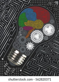 Abstract technological background with light bulb, gears and microchip of black, gray and white shades. Brain of colorful circuit elements