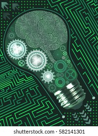 Abstract technological background with light bulb, gears and microchip of green and white shades. Brain of circuit elements